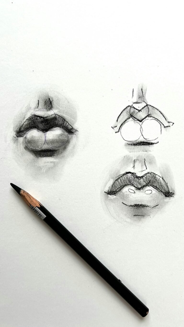 Detailed pencil sketches of various lip perspectives on white paper.